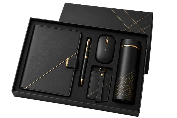 Hardboard corporate welcome kit box with a printed wrap and insert