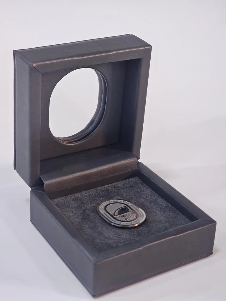 Custom leather presentation box with branded detail