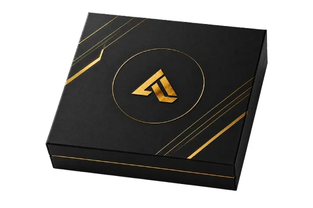 Foil stamping and embossing applied to a rigid box
