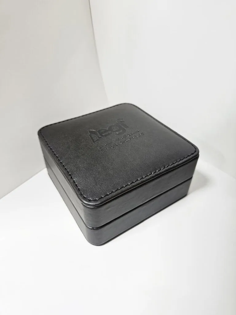 Premium leather material finish on packaging